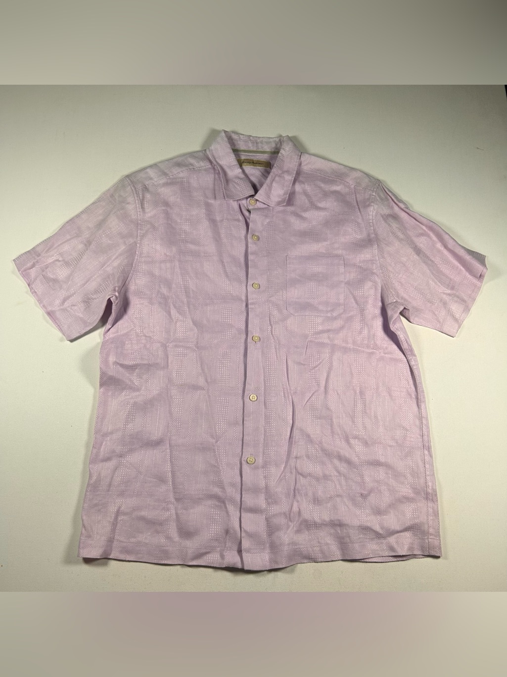Tommy Bahama L Lavender Short Sleeve 100% Linen Button Shirt Mens Xl Geometric